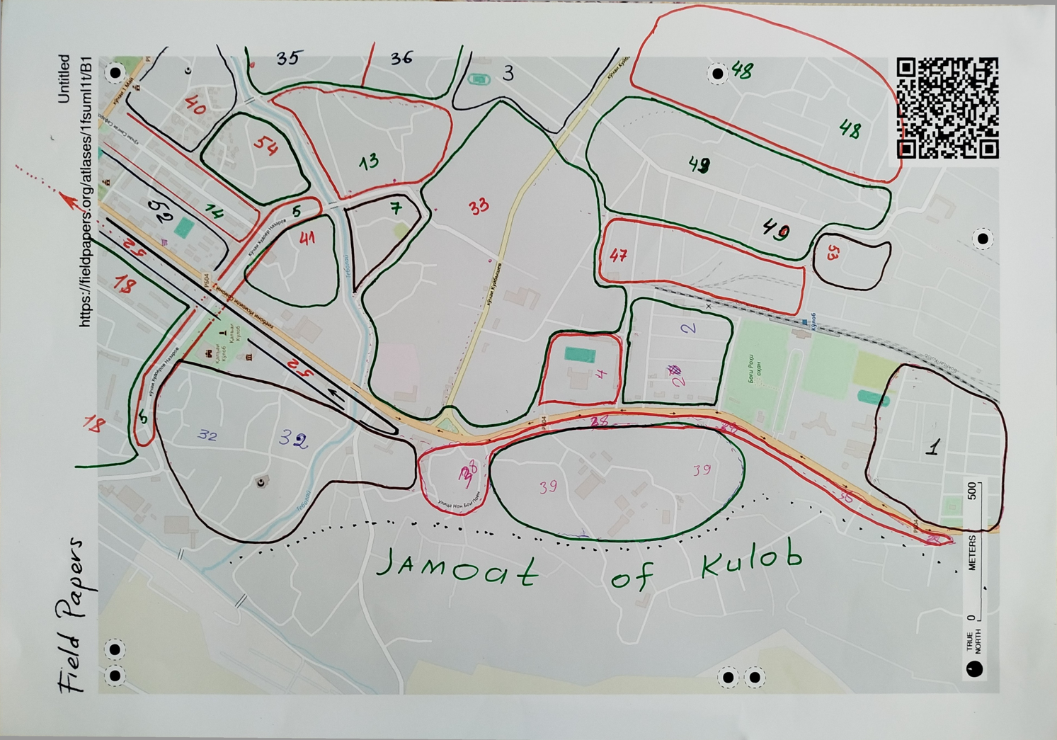 Fig 4 One page of the finished Field Papers that highlights the approximate boundaries of Kulob City neighbourhoods. Fig 4 One page of the finished Field Papers that highlights the approximate boundaries of Kulob City neighbourhoods.